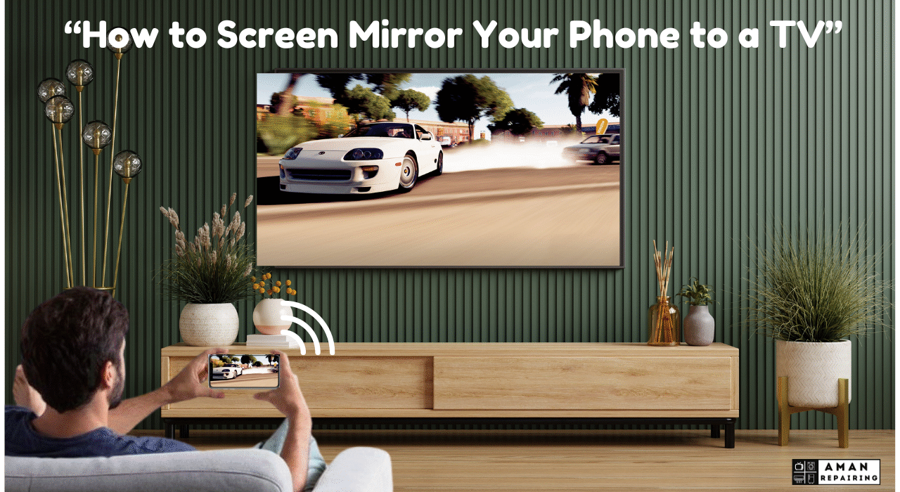 Visual instructions for screen mirroring a smartphone to a television, highlighting essential steps and tools needed.